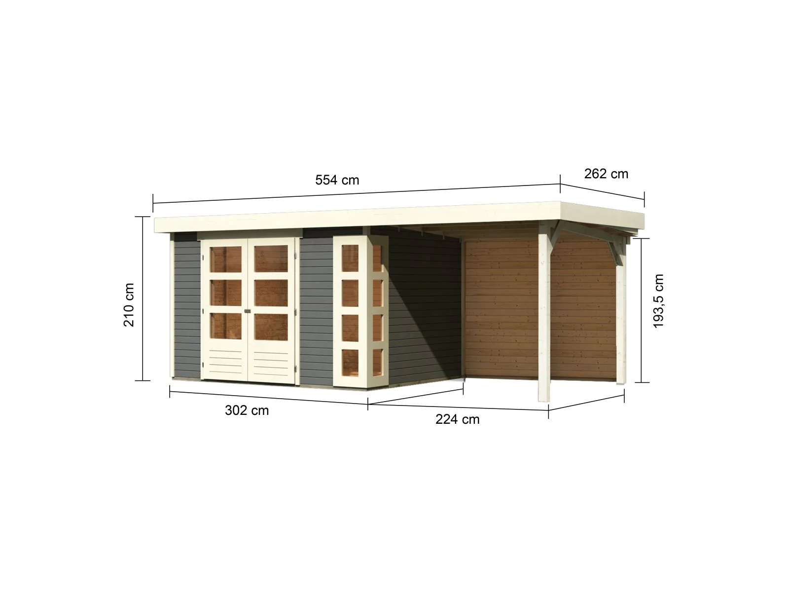 Karibu Gartenhaus Kerko 5 terragrau mit Anbaudach 2,40 m inkl. Rückwand - Image 3