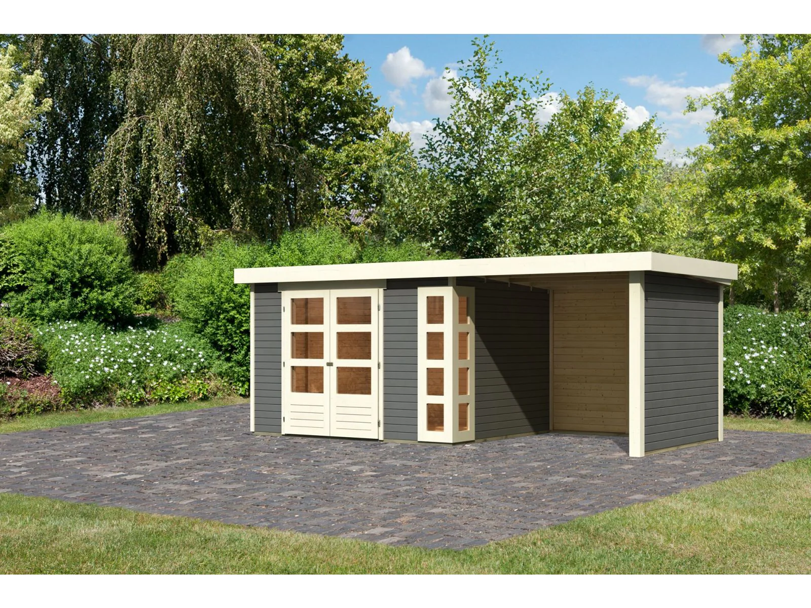 Karibu Gartenhaus Kerko 5 terragrau mit Anbaudach 2,40 m inkl. Seiten- und Rückwand - Image 2