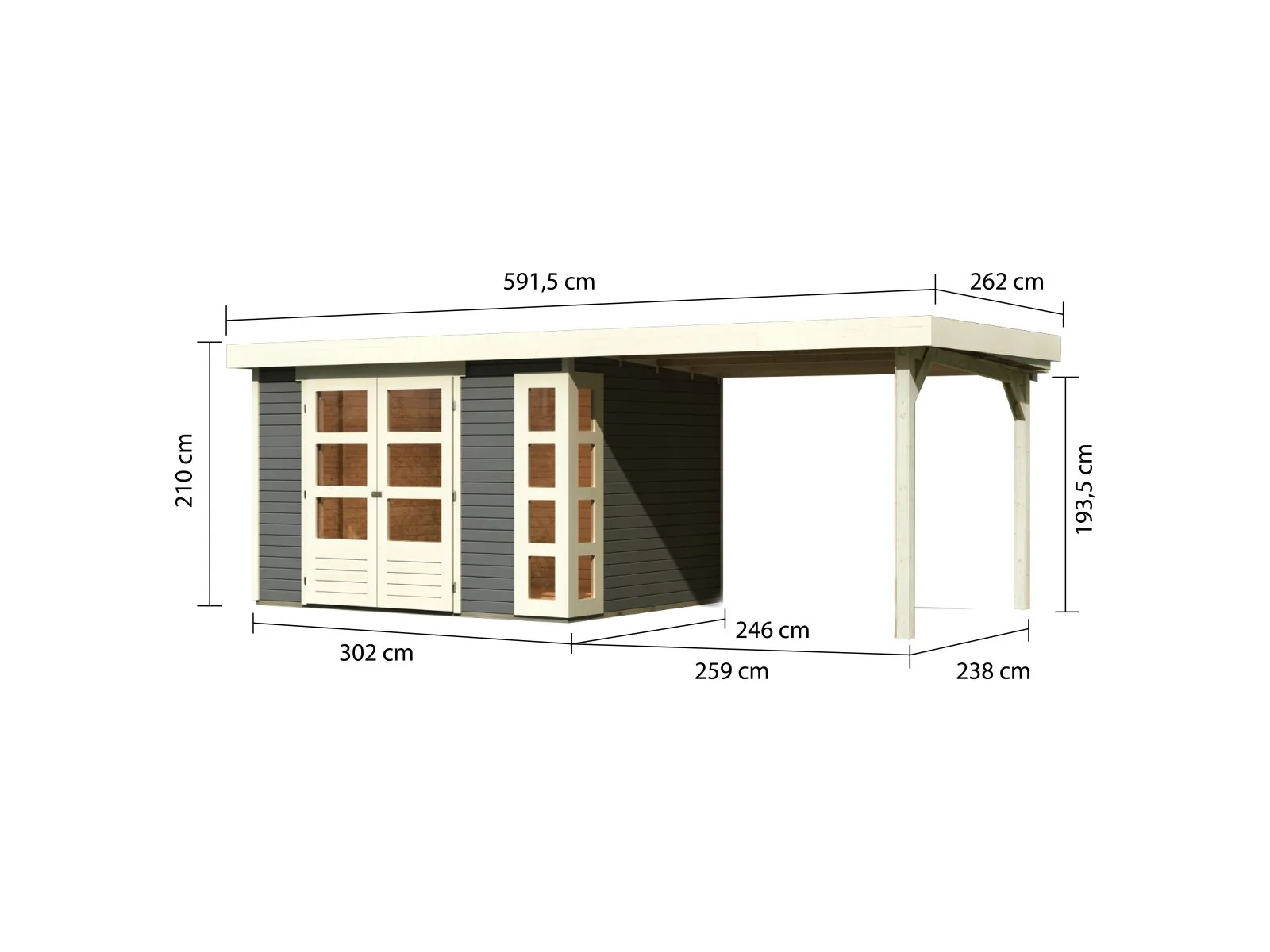 Karibu Gartenhaus Kerko 5 terragrau mit Anbaudach 2,80 m - Image 3