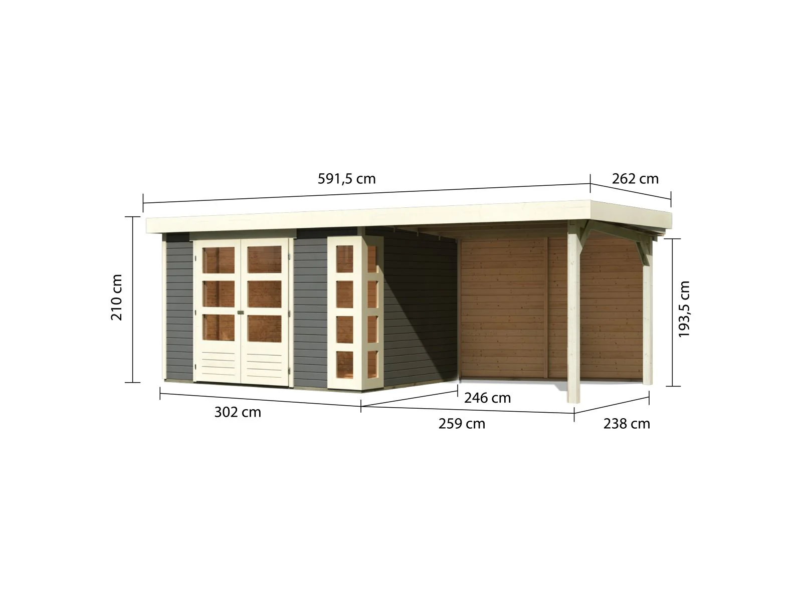 Karibu Gartenhaus Kerko 5 terragrau mit Anbaudach 2,80 m inkl. Rückwand - Image 3