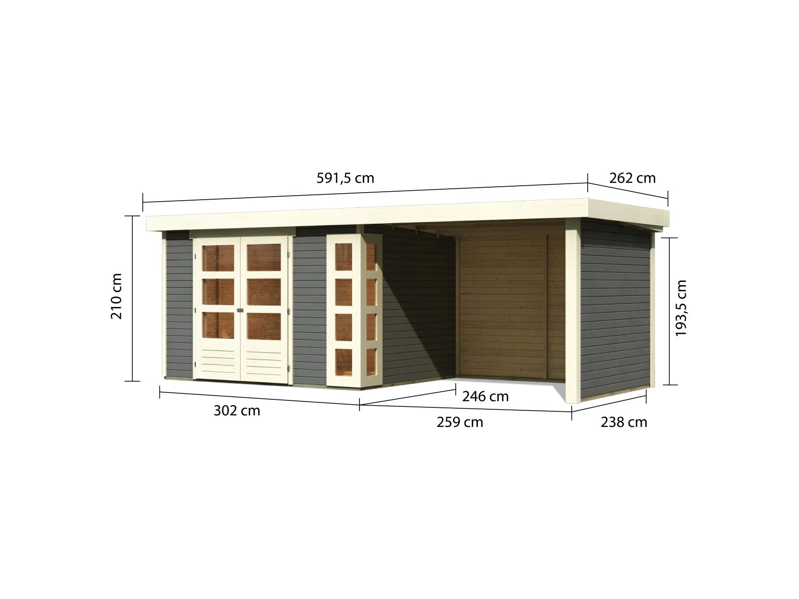 Karibu Gartenhaus Kerko 5 terragrau mit Anbaudach 2,80 m inkl. Seiten- und Rückwand - Image 4