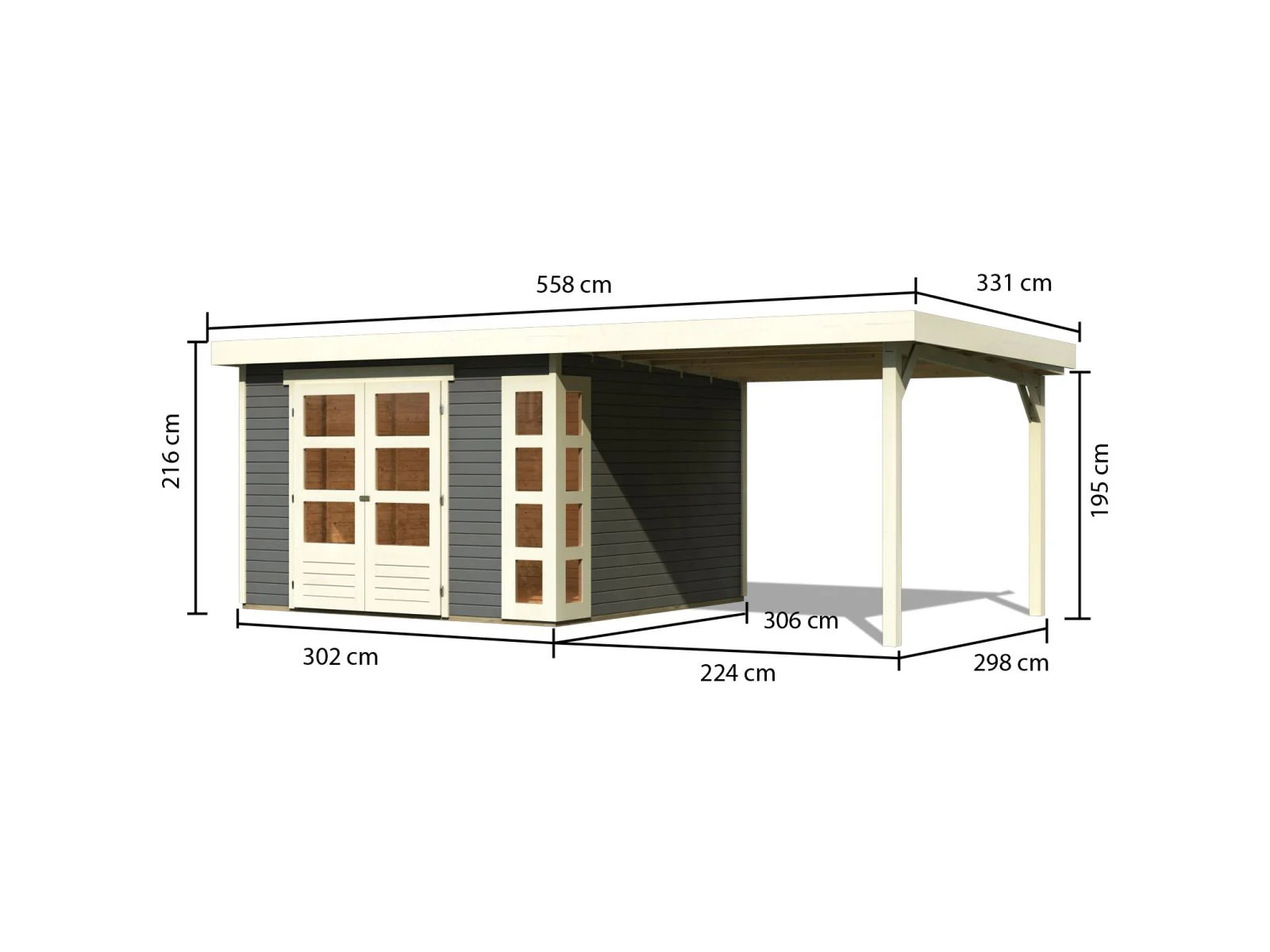 Karibu Gartenhaus Kerko 6 mit 2,40 m Anbaudach, 19 mm, terragrau - Image 3