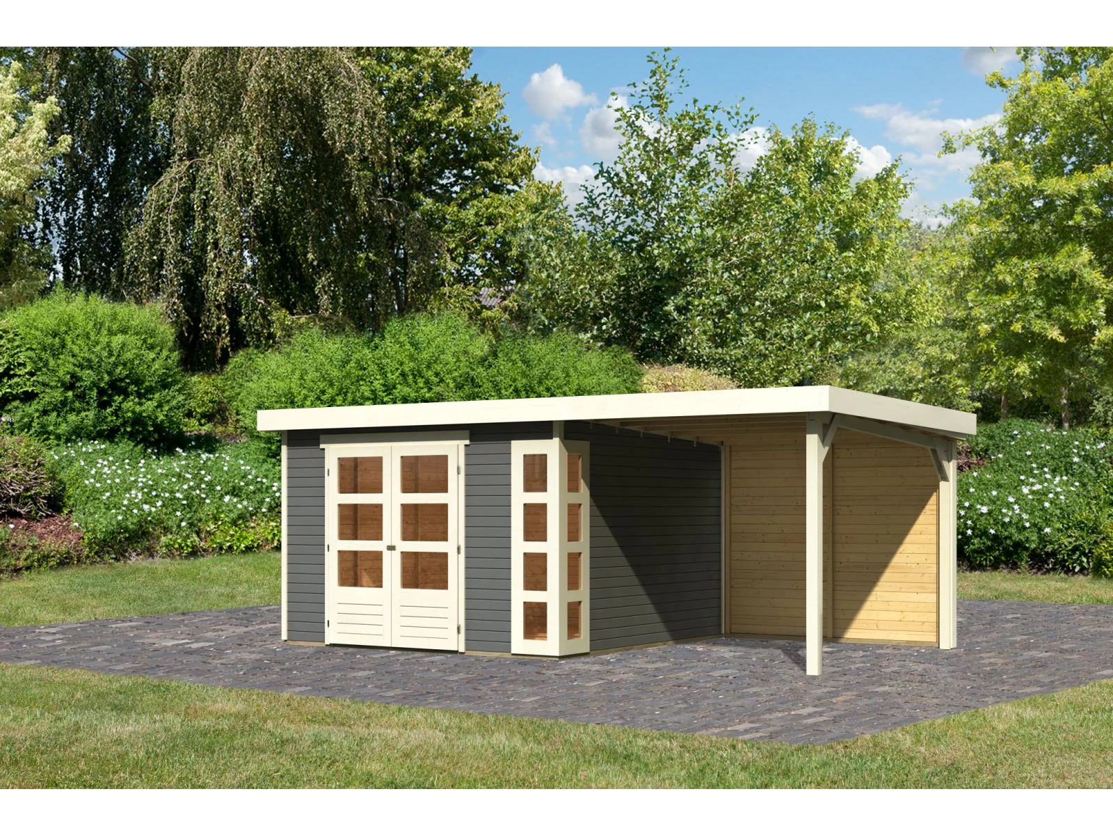 Karibu Gartenhaus Kerko 6 terragrau mit 2,40 m Anbaudach inkl. Rückwand - Image 2