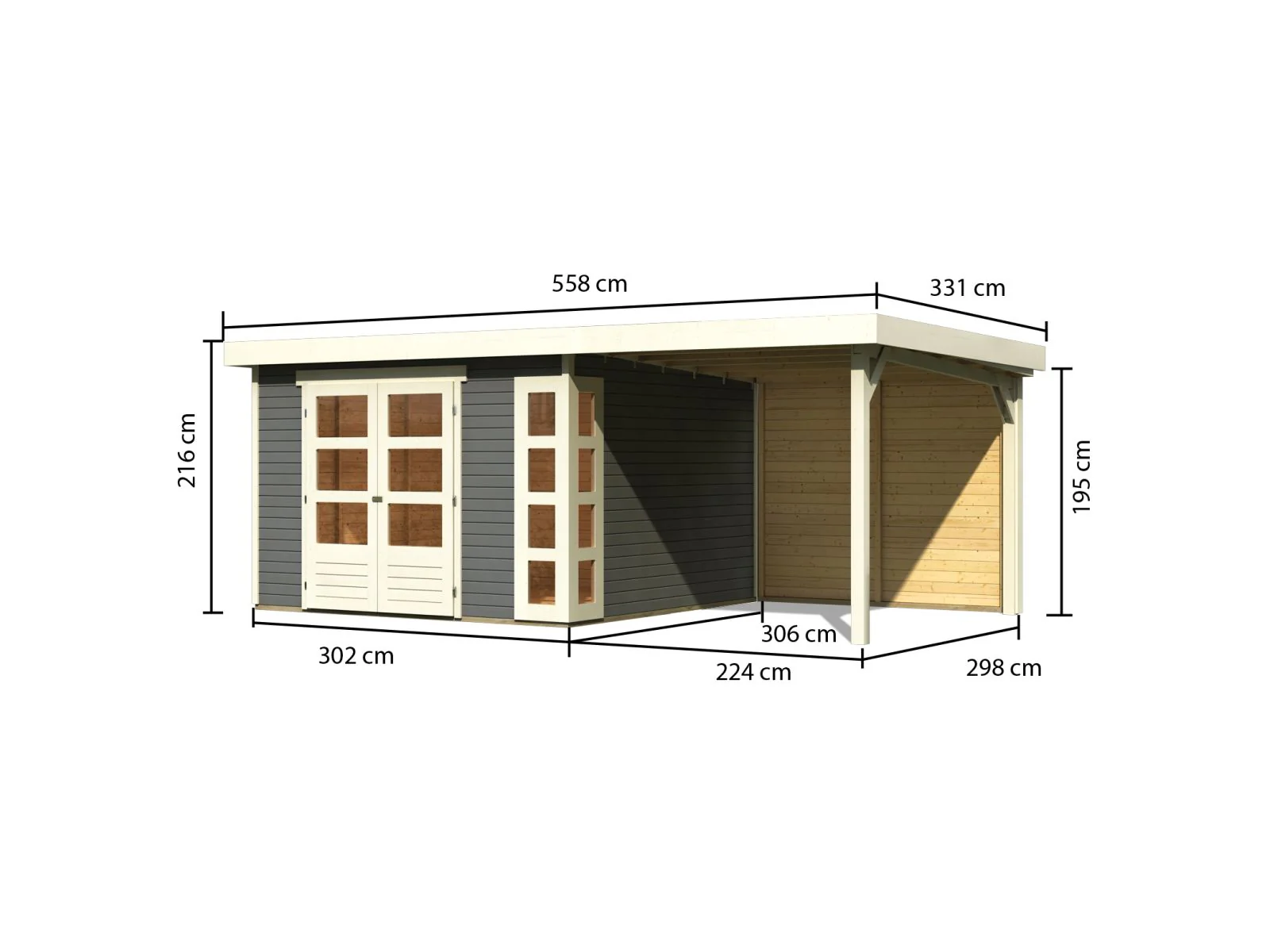 Karibu Gartenhaus Kerko 6 terragrau mit 2,40 m Anbaudach inkl. Rückwand - Image 4