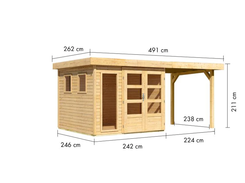 Karibu Gartenhaus Lahar 3,5, natur, inkl. Anbaudach 2,40 m Breite - Image 3