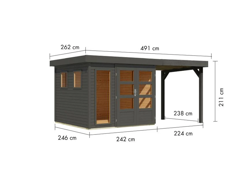Karibu Gartenhaus Lahar 3,5, terragrau komplett, inkl. Anbaudach 2,40 m Breite - Image 3