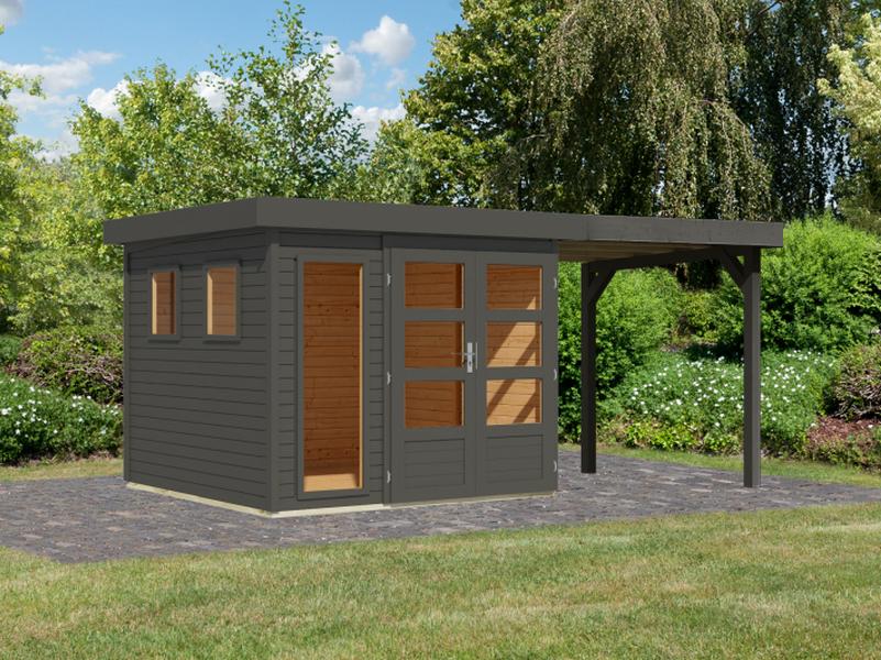 Karibu Gartenhaus Lahar 3,5, terragrau komplett, inkl. Anbaudach 2,40 m Breite - Image 4