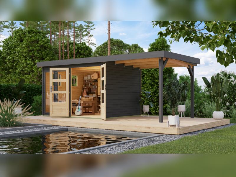 Karibu Gartenhaus Lahar 5, terragrau komplett, inkl. Anbaudach 2,40 m Breite