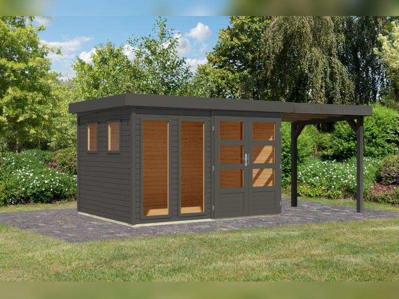 Karibu Gartenhaus Lahar 5, terragrau komplett, inkl. Anbaudach 2,40 m Breite - Image 2