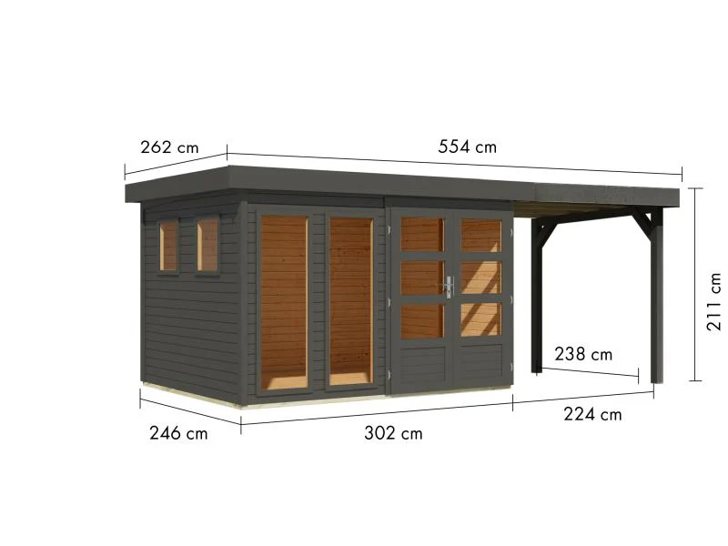 Karibu Gartenhaus Lahar 5, terragrau komplett, inkl. Anbaudach 2,40 m Breite - Image 3
