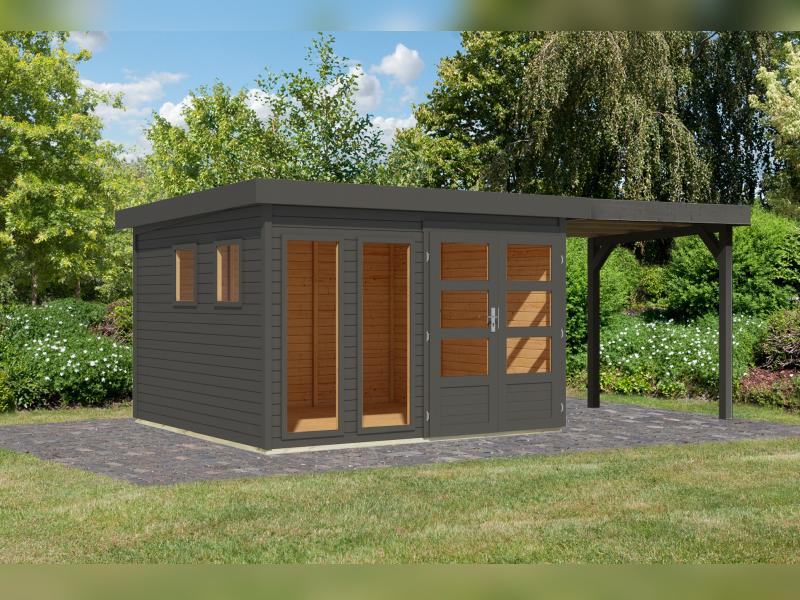 Karibu Gartenhaus Lahar 6, terragrau komplett, inkl. Anbaudach 2,40 m Breite - Image 2