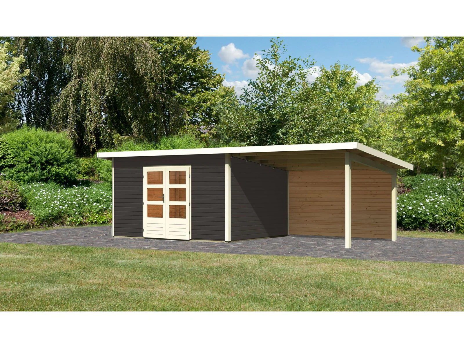 Karibu Gartenhaus Northeim 4 terragrau mit Anbaudach 3 m inkl. Rückwand - Image 2