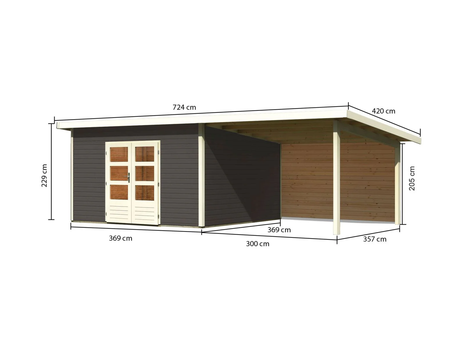 Karibu Gartenhaus Northeim 5 terragrau mit Anbaudach 3 m inkl. Rückwand - Image 2