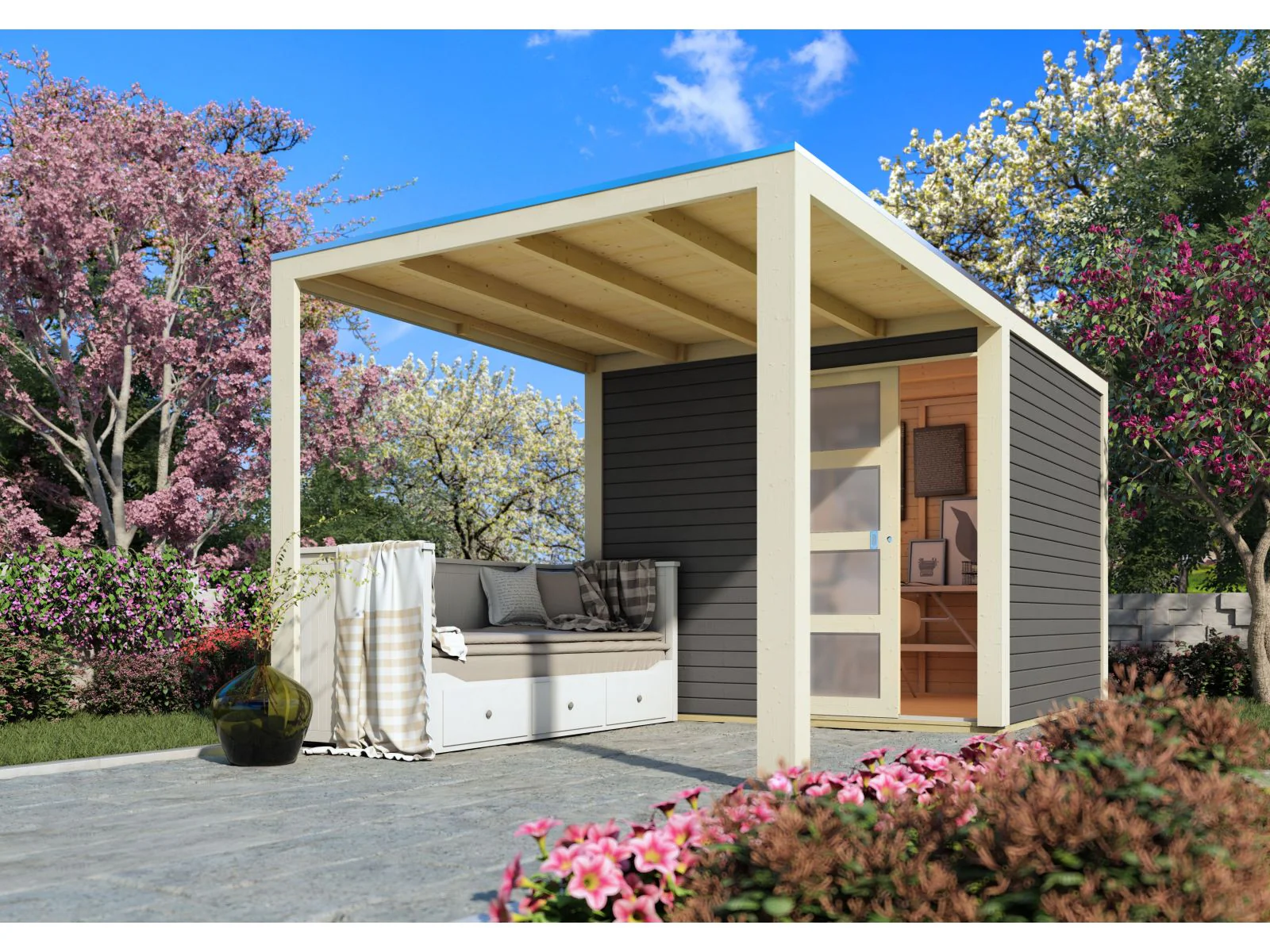 Karibu Gartenhaus Qubic in terragrau mit Anbaudach - Image 3