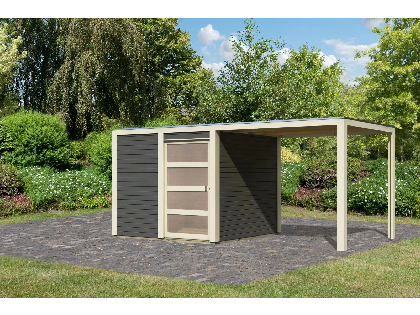 Karibu Gartenhaus Qubic in terragrau mit Anbaudach - Image 4
