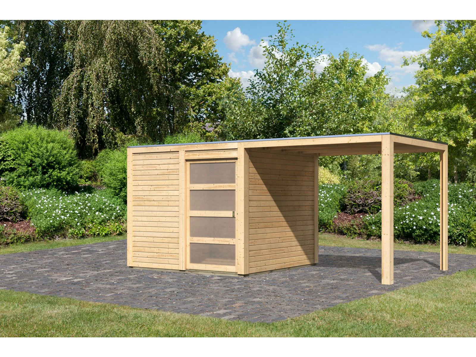 Karibu Gartenhaus Qubic natur mit Anbaudach - Image 2