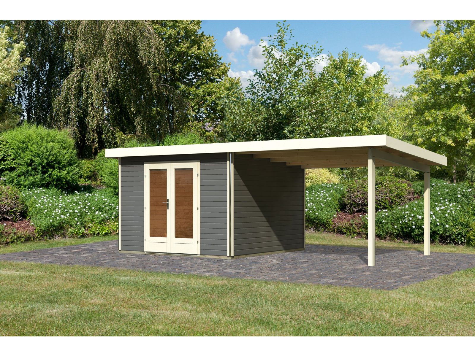 Karibu Gartenhaus Radeburg 1 terragrau mit Anbaudach 3,3 m