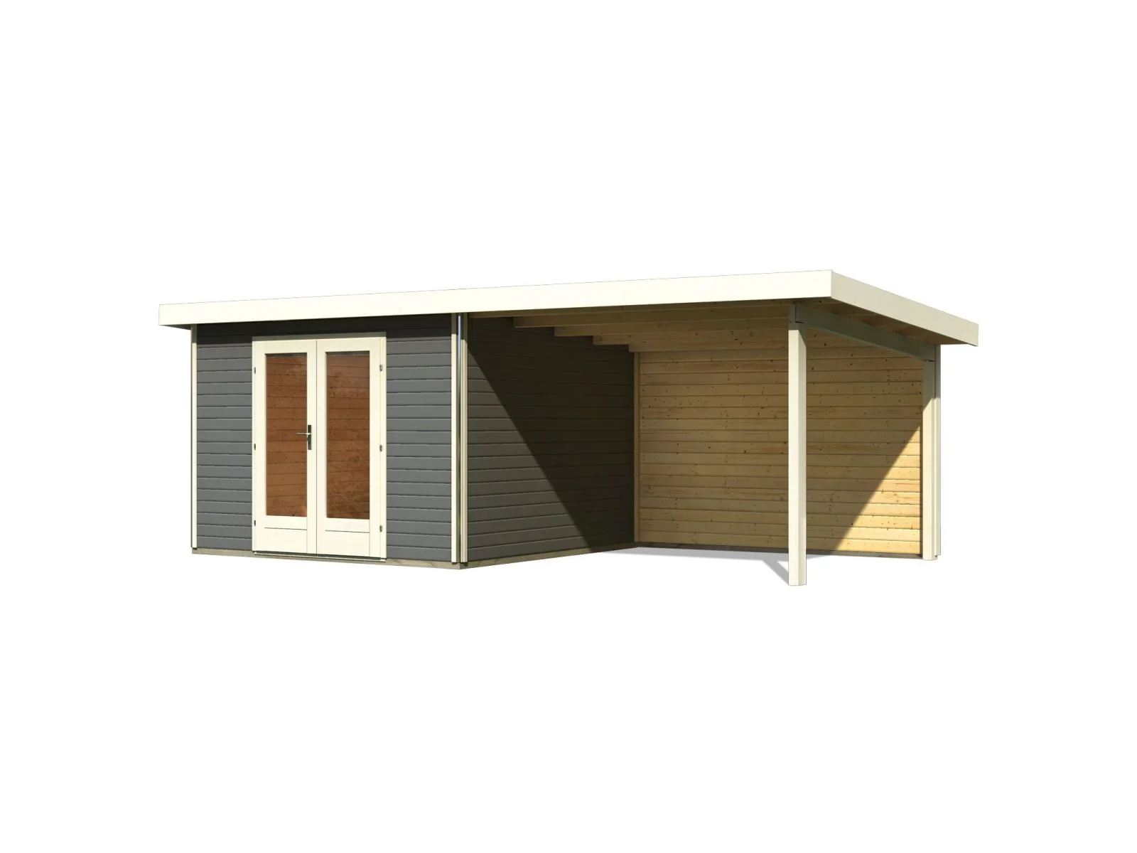 Karibu Gartenhaus Radeburg 1 terragrau mit Anbaudach 3,3 m inkl. Rückwand - Image 3