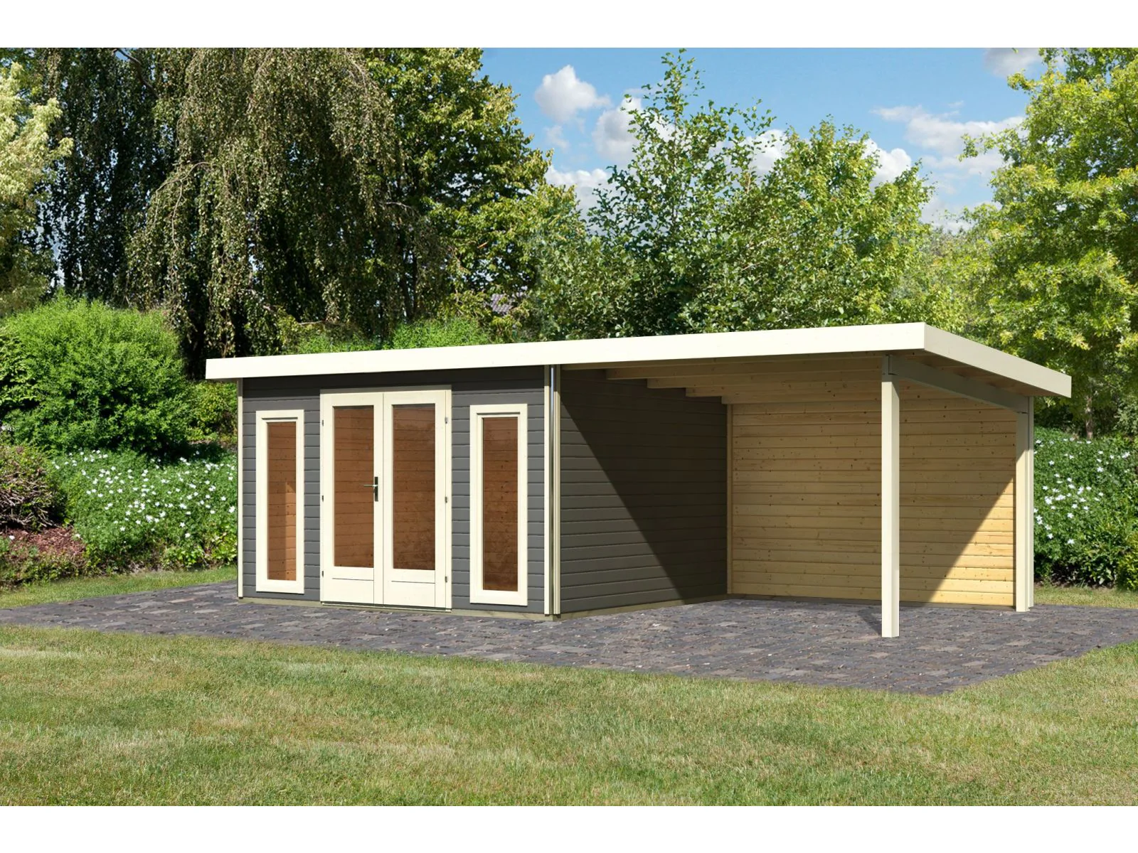 Karibu Gartenhaus Radeburg 2 terragrau mit Anbaudach 3,3 m und Rückwand - Image 2
