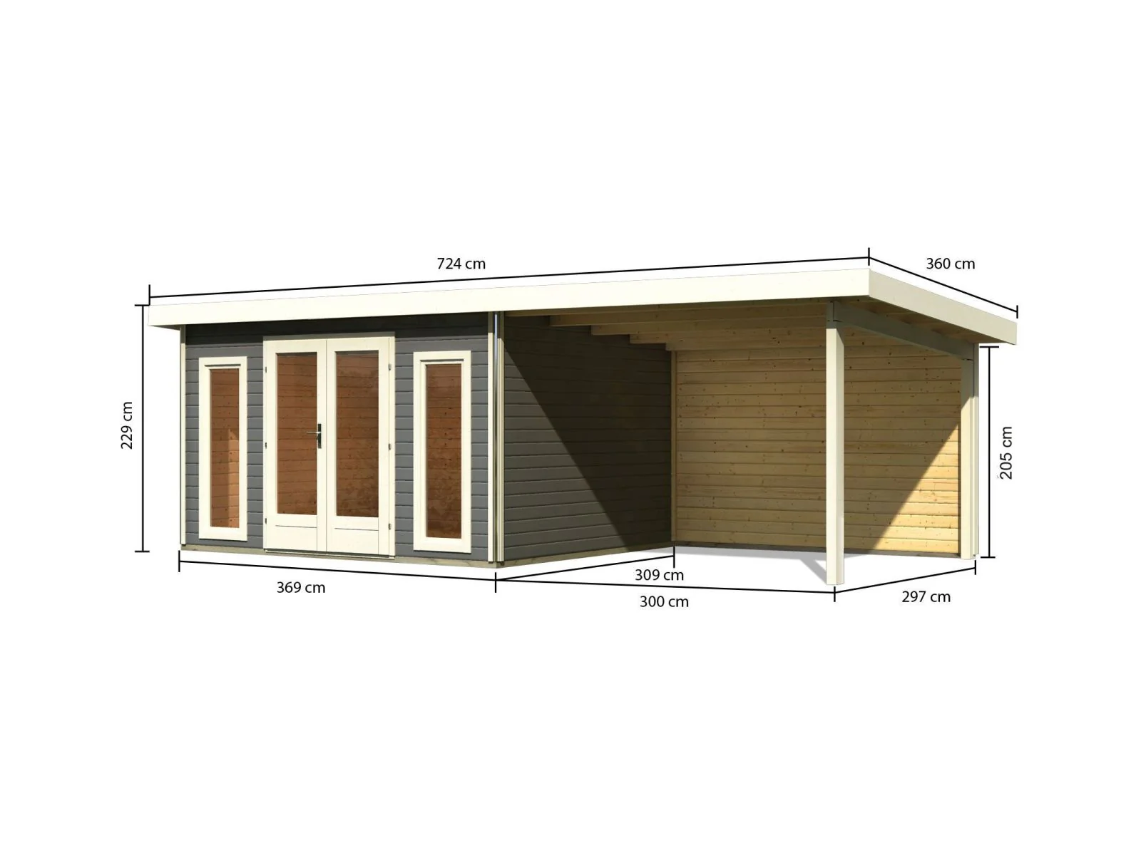 Karibu Gartenhaus Radeburg 2 terragrau mit Anbaudach 3,3 m und Rückwand - Image 3