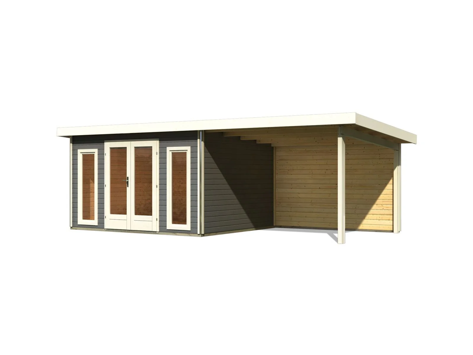 Karibu Gartenhaus Radeburg 2 terragrau mit Anbaudach 3,3 m und Rückwand - Image 5