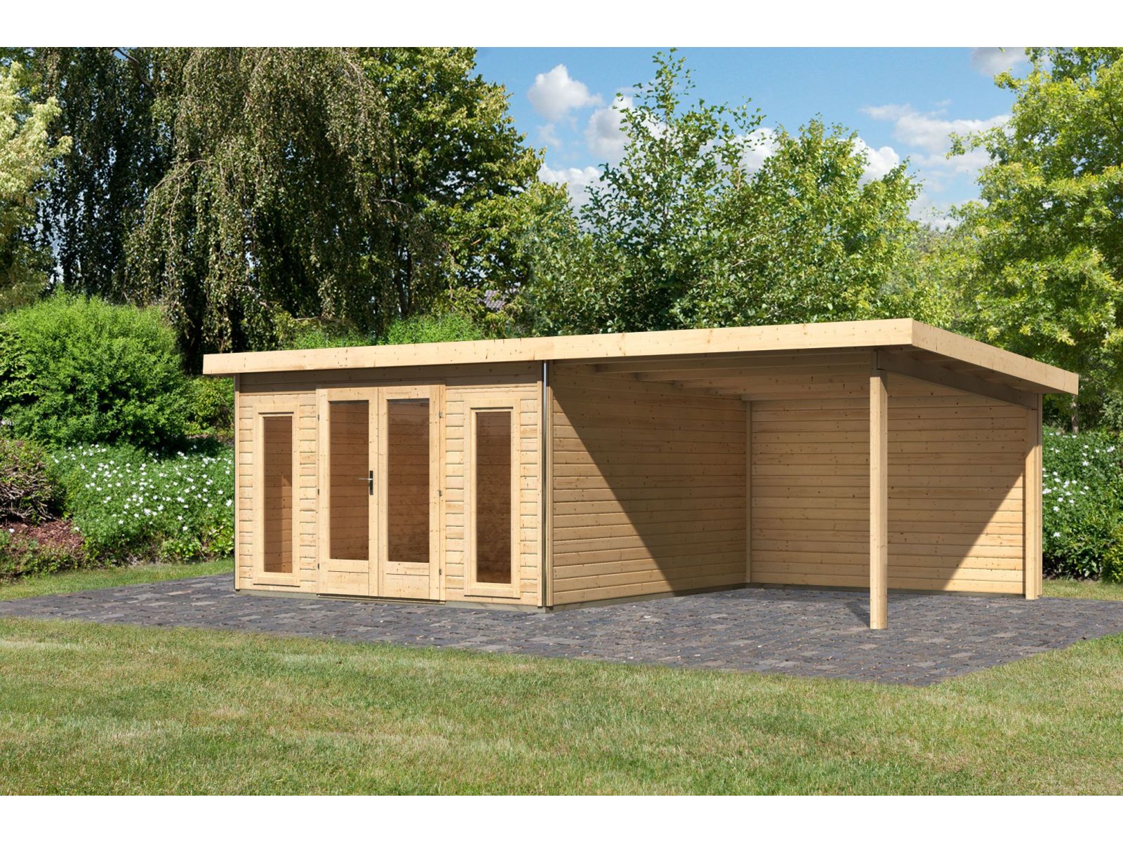 Karibu Gartenhaus Radeburg 3 natur mit Anbaudach 3,3 m und Rückwand