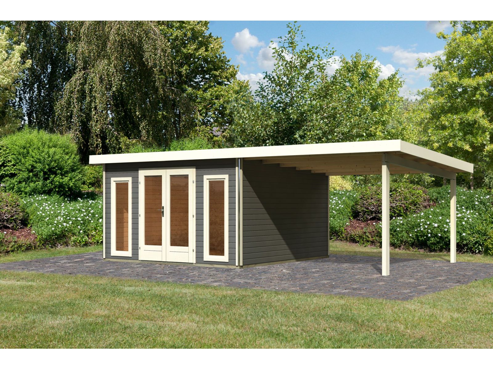 Karibu Gartenhaus Radeburg 3 terragrau mit Anbaudach 3,3 m - Image 2