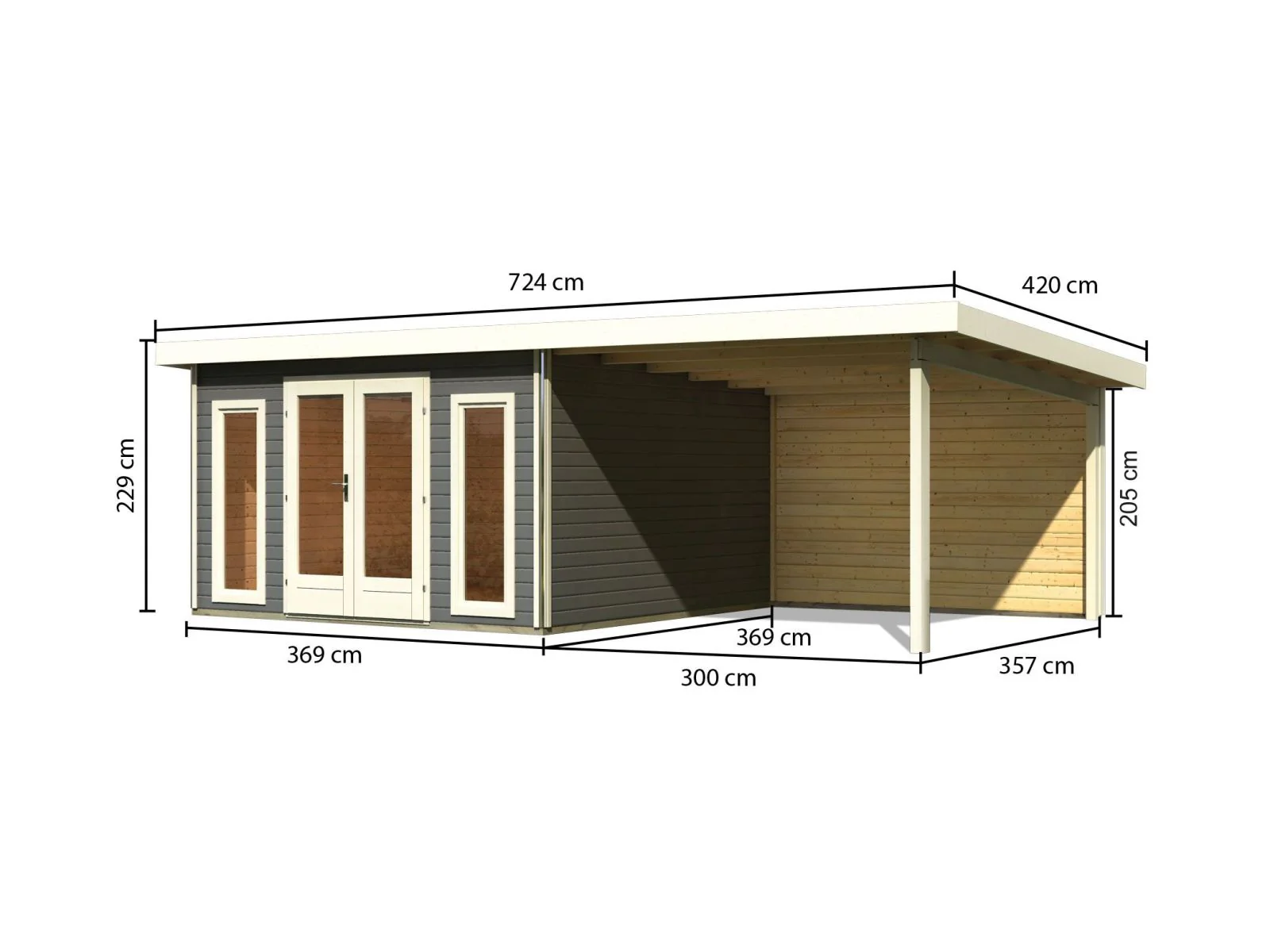 Karibu Gartenhaus Radeburg 3 terragrau mit Anbaudach 3,3 m und Rückwand - Image 2