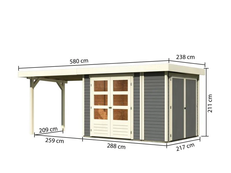Karibu Gartenhaus Retola 2 in terragrau mit 2,80 Meter Anbaudach - Image 2
