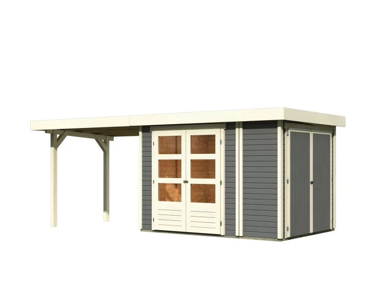 Karibu Gartenhaus Retola 2 in terragrau mit 2,80 Meter Anbaudach - Image 3