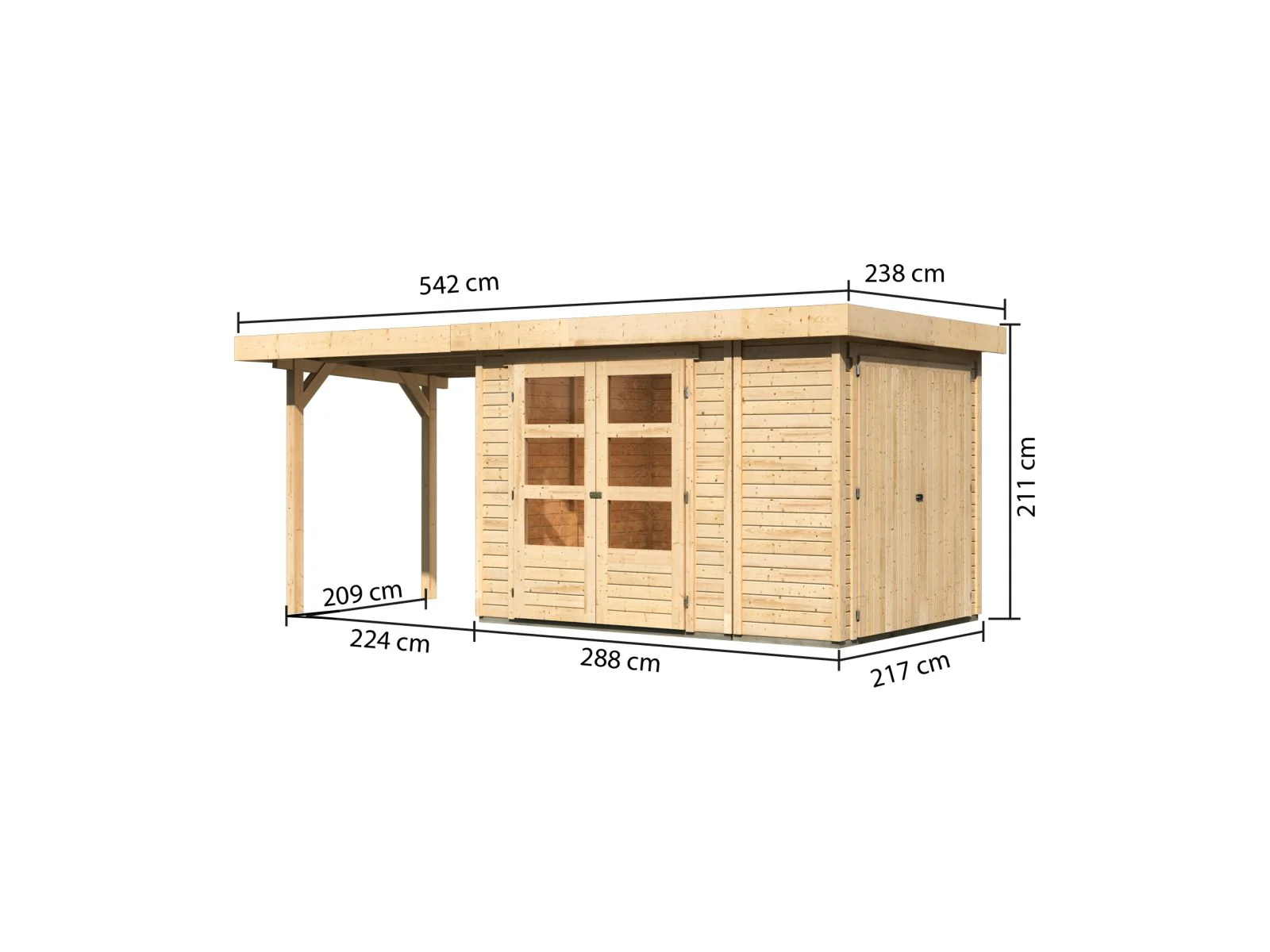 Karibu Gartenhaus Retola 2 natur mit Anbauschrank und 2,40 Meter Anbaudach - Image 2