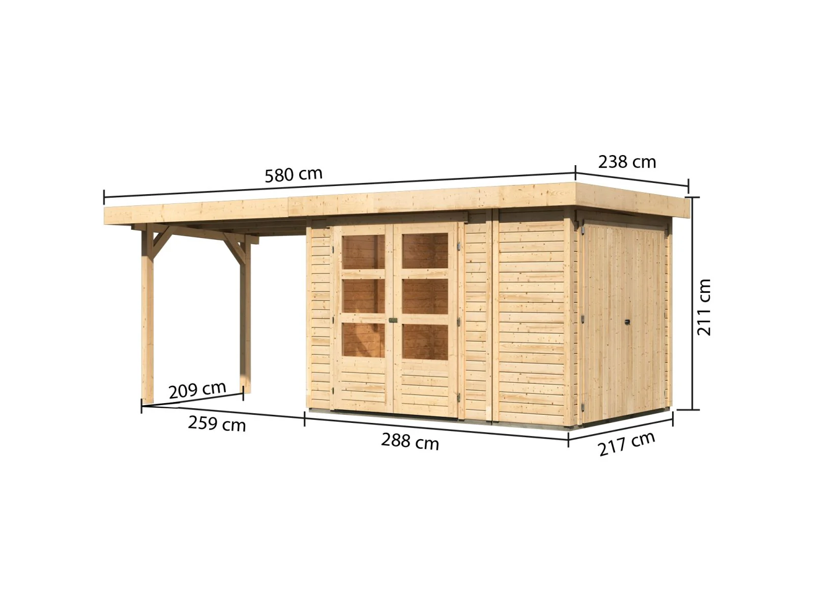 Karibu Gartenhaus Retola 2 natur mit Anbauschrank und 2,80 Meter Anbaudach - Image 2