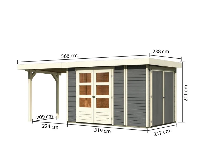Karibu Gartenhaus Retola 3 in terragrau mit Anbaudach 2,40 Meter und Anbauschrank - Image 2
