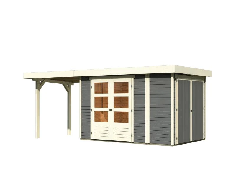 Karibu Gartenhaus Retola 3 in terragrau mit Anbaudach 2,40 Meter und Anbauschrank - Image 3