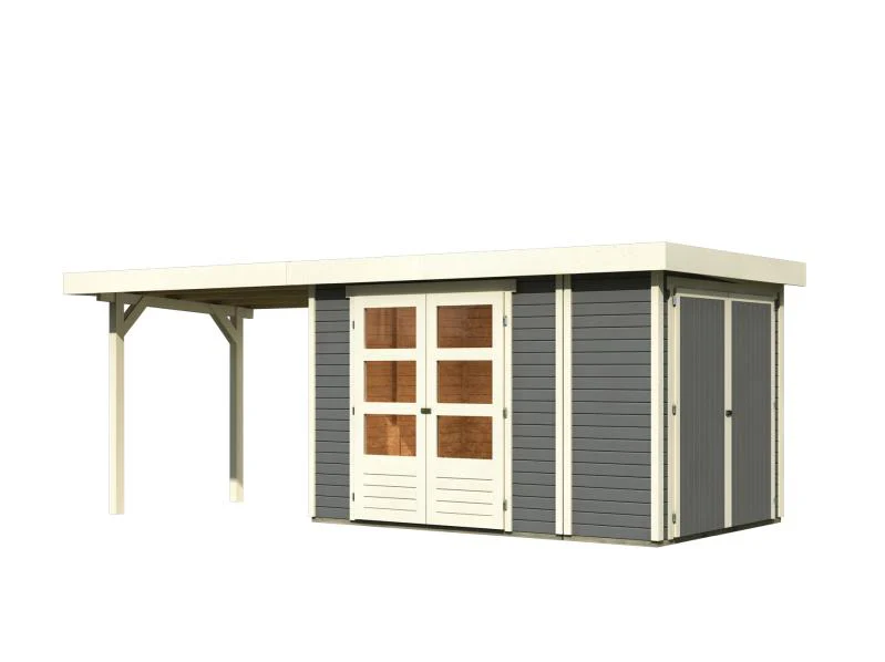 Karibu Gartenhaus Retola 3 in terragrau mit Anbauschrank und Anbaudachdach 2,80 Meter - Image 3