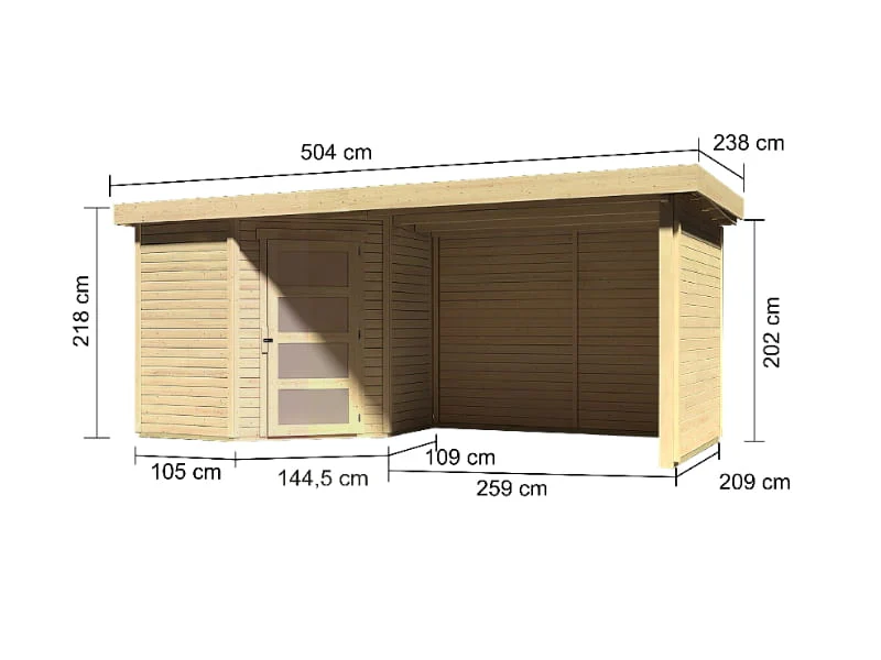 Karibu Gartenhaus Schwandorf 3 natur mit Anbaudach 2,75 Meter, Seiten- und Rückwand - Image 3