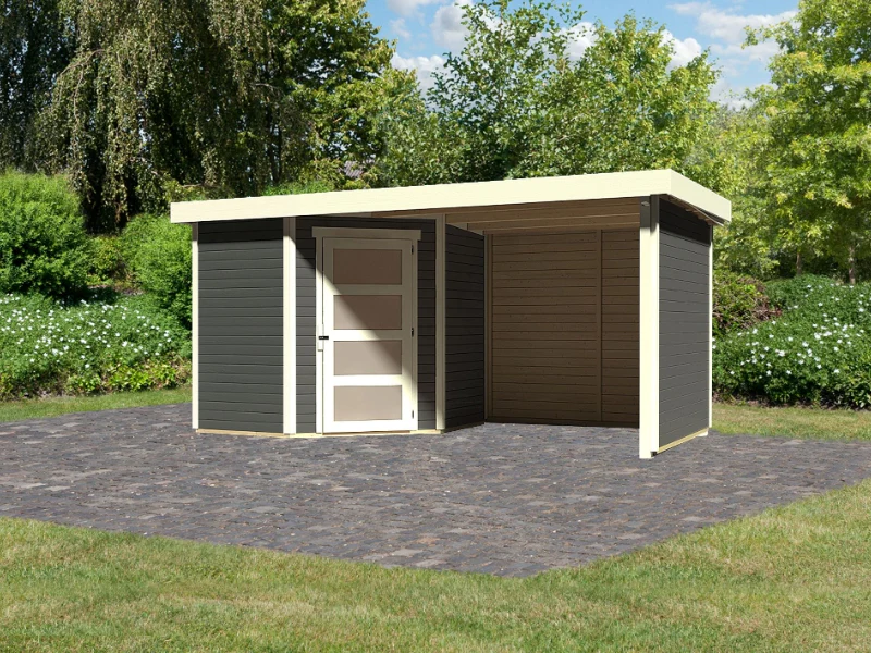 Karibu Gartenhaus Schwandorf 3 terragrau mit Anbaudach 2,40 Meter, Seiten- und Rückwand - Image 2