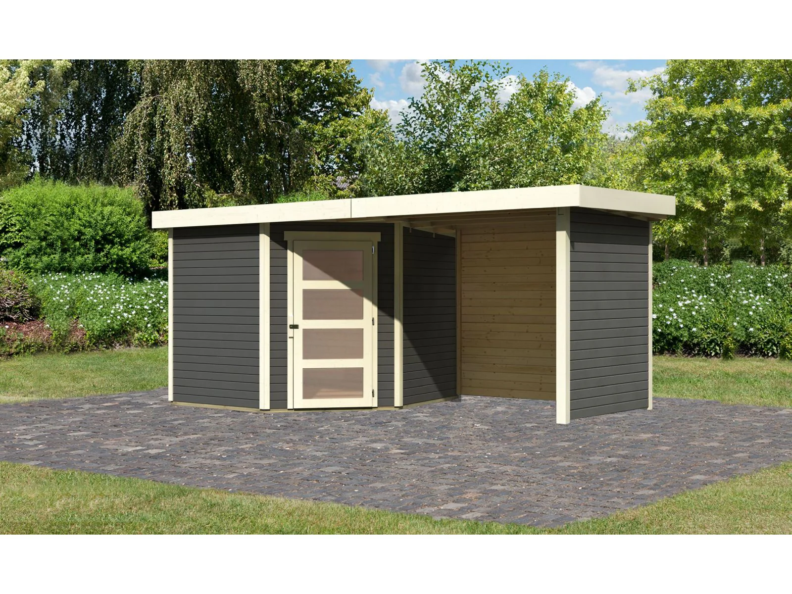 Karibu Gartenhaus Schwandorf 5 terragrau mit Anbaudach 2,25 Meter, Seiten- und Rückwand