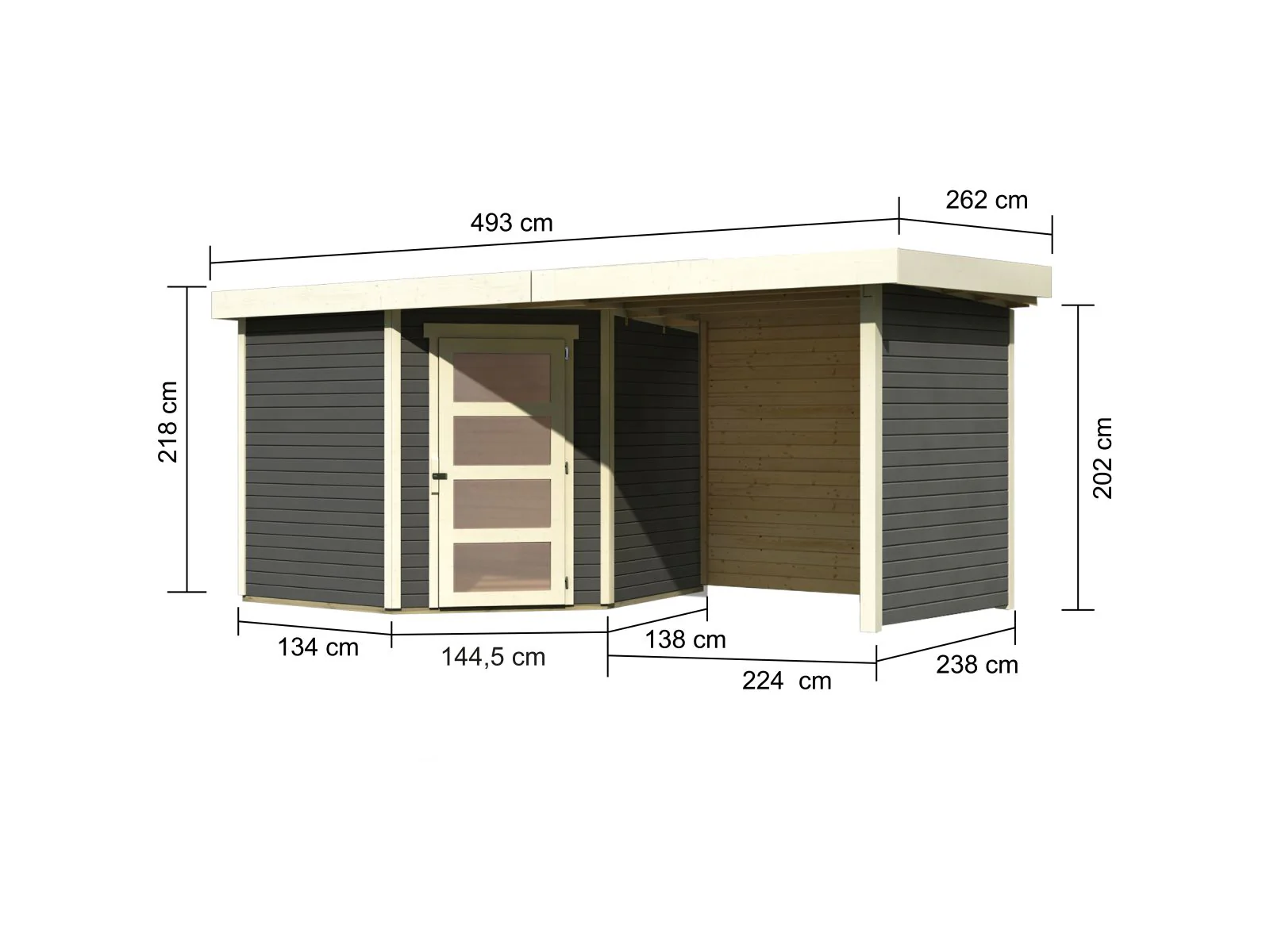 Karibu Gartenhaus Schwandorf 5 terragrau mit Anbaudach 2,25 Meter, Seiten- und Rückwand - Image 2