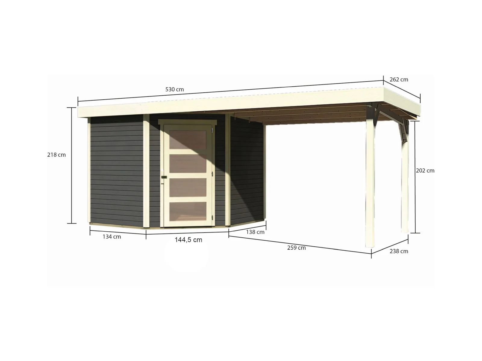 Karibu Gartenhaus Schwandorf 5 terragrau mit Anbaudach 2,8 m - Image 2