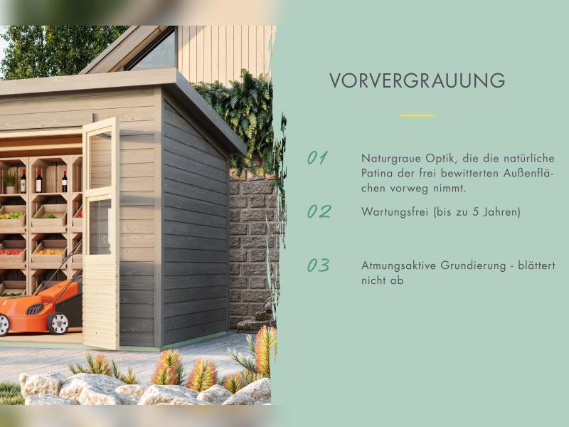 Karibu Gerätehaus Merseburg 2 SET mit Anbaudach, vorvergraut - Image 5