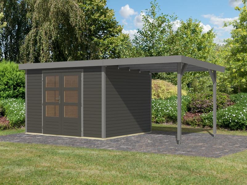 Karibu Hybrid Gartenhaus Jupiter 5 B terragrau/graualuminium, inkl. 2,35 m Anbaudach - Image 2