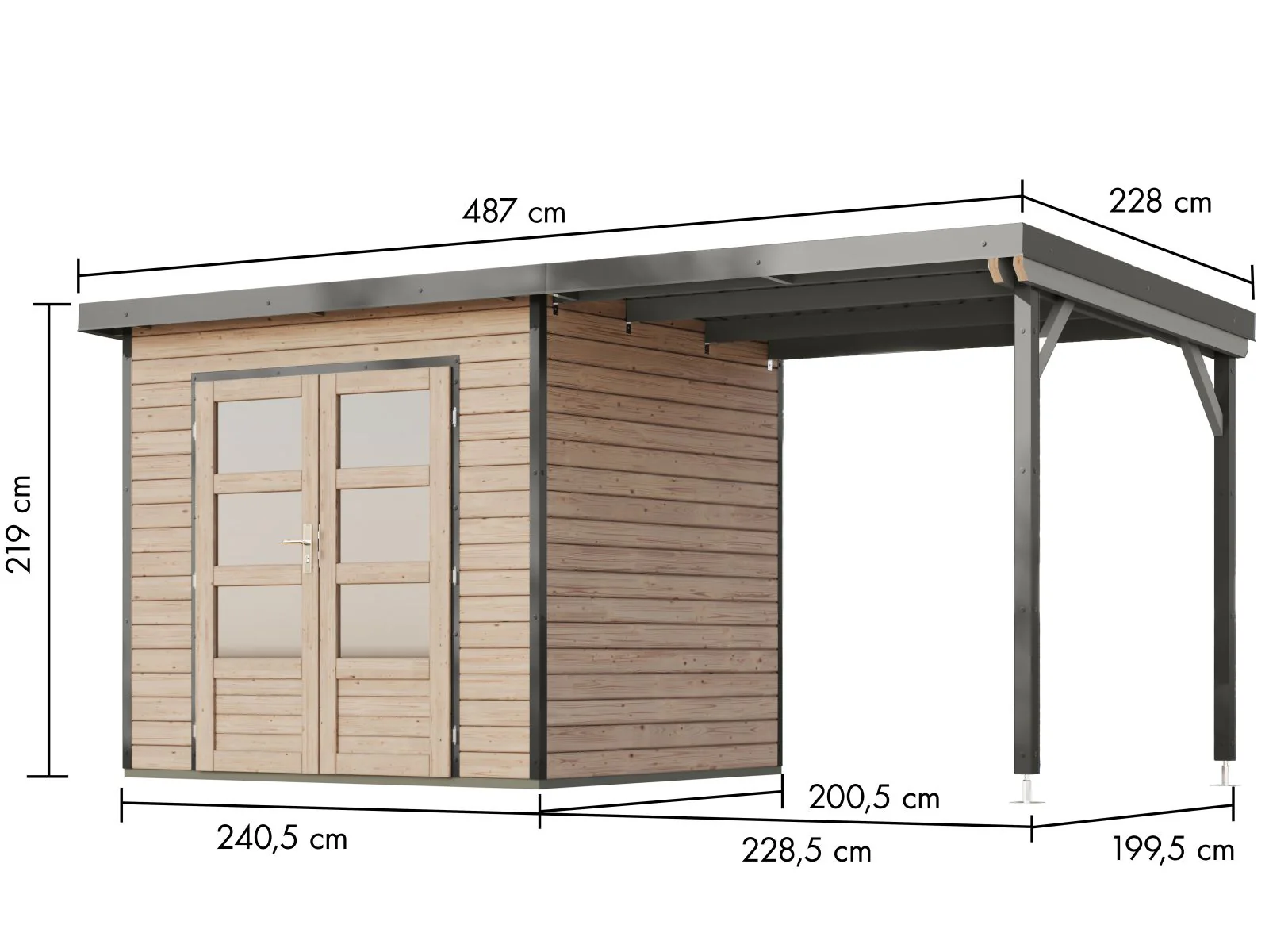 Karibu Hybrid Gartenhaus Pluto 2 A, naturbelassen/graualuminium, 28 mm, inkl. Anbaudach 2,33m - Image 2