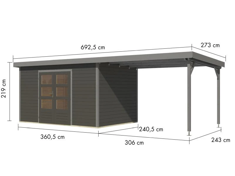 Karibu Hybrid Gartenhaus Pluto 7 B, terragrau/graualuminium, inkl. 3 m Anbaudach - Image 3