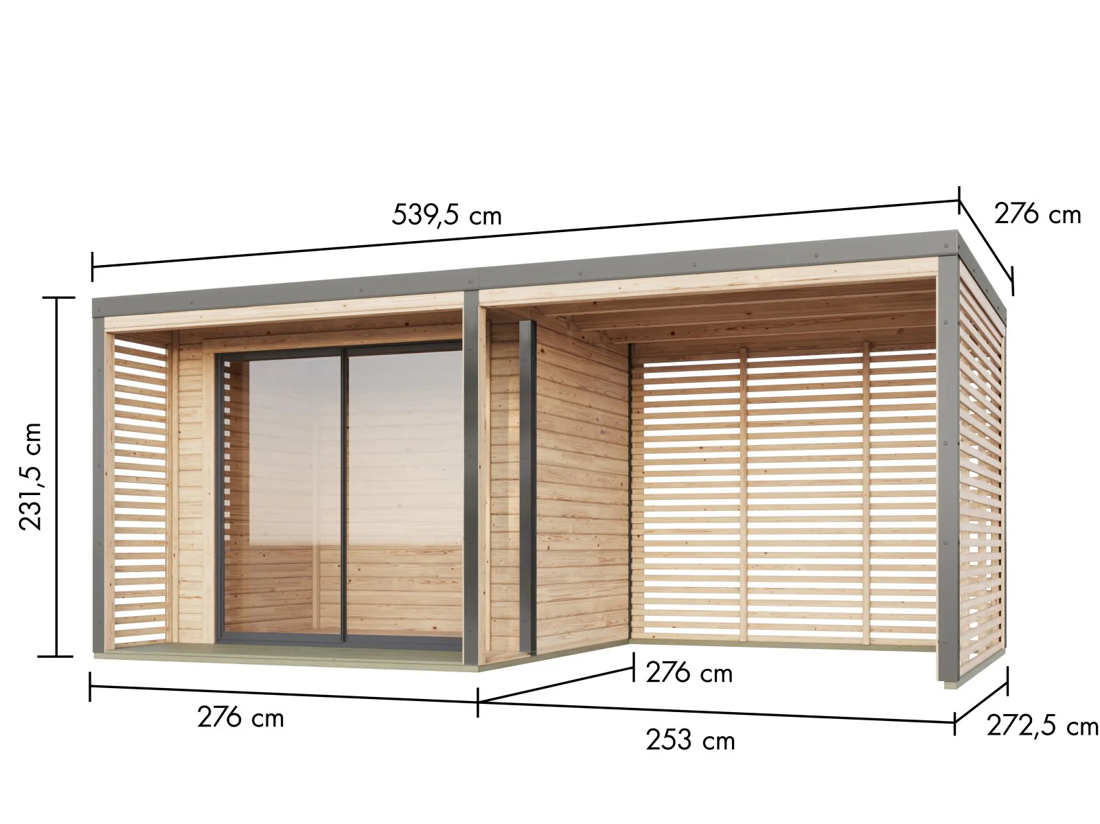 Karibu Hybrid Gartenhaus Saturn A, naturbelassen/graualuminium, 38 mm, inkl. Fußboden und Anbaudach 3m - Image 3