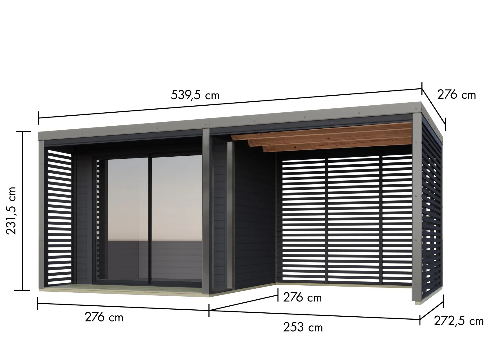 Karibu Hybrid Gartenhaus Saturn B, anthrazit/graualuminium, 38 mm, inkl. Fußboden und Anbaudach 3m - Image 3