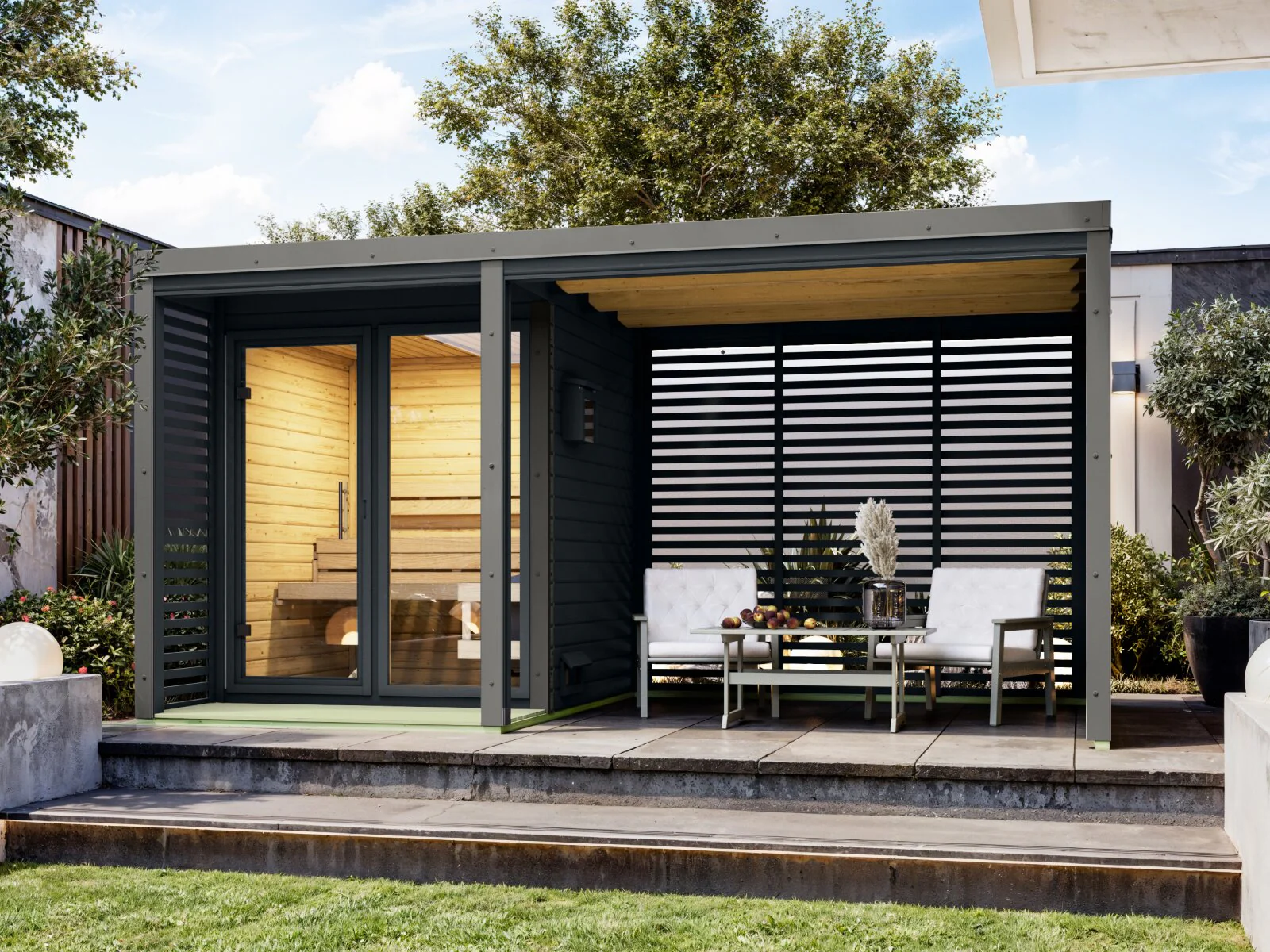 Karibu Hybrid Saunahaus Ares 1, mit Anbaudach in anthrazit/graualuminium, inkl. 9 kW Ofen ext. Steuerung easy - Image 7