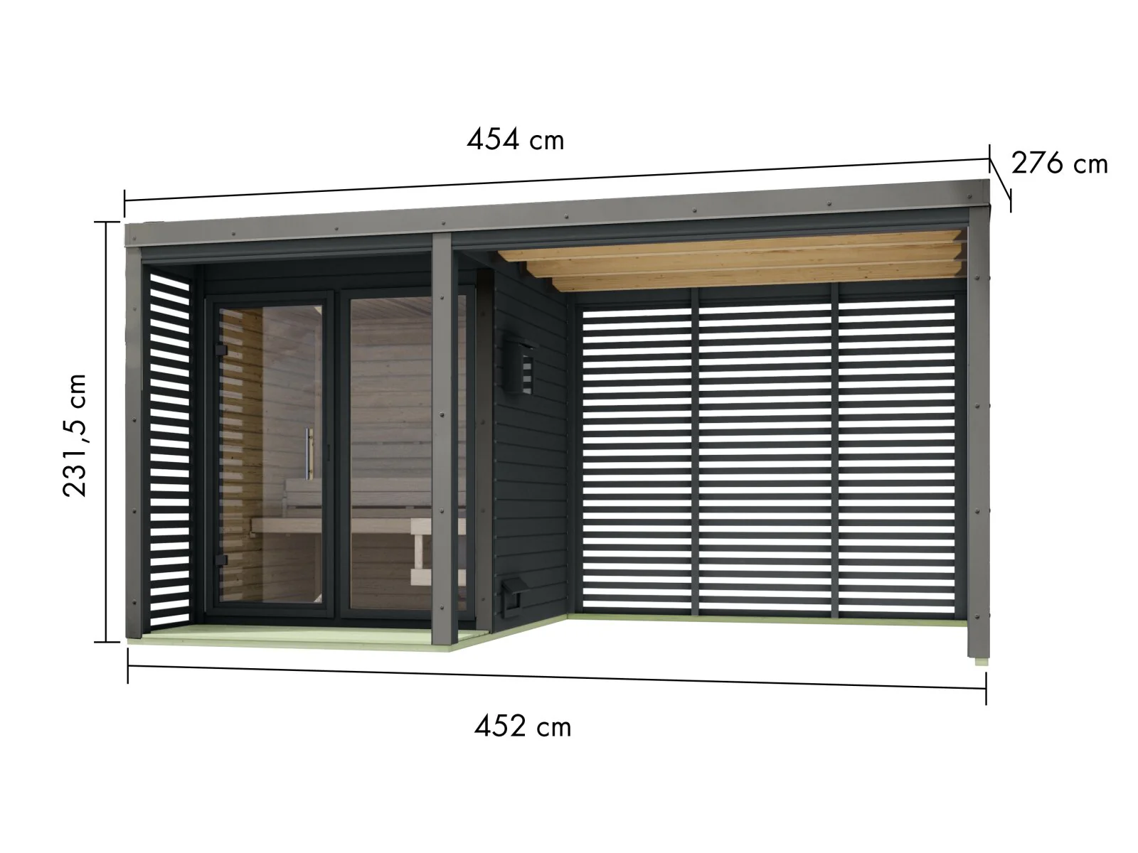 Karibu Hybrid Saunahaus Ares 1, mit Anbaudach in anthrazit/graualuminium, inkl. 9 kW Ofen ext. Steuerung Wifi HUUM - Image 2
