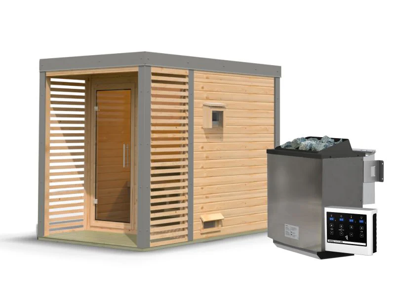 Karibu Hybrid Saunahaus Ares 1, naturbelassen/graualuminium, inkl. 9 kW Bioofen ext. Steuerung - Image 3