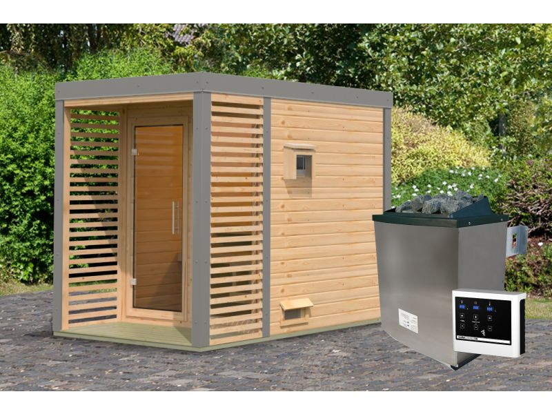 Karibu Hybrid Saunahaus Ares 1, naturbelassen/graualuminium, inkl. 9 kW Ofen ext. Steuerung - Image 2